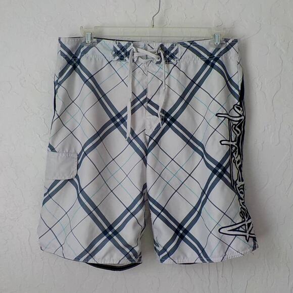 Aeropostale Men 34 Swimsuit White Plaid Trunks Board Shorts Embroidery Logo - Picture 1 of 8